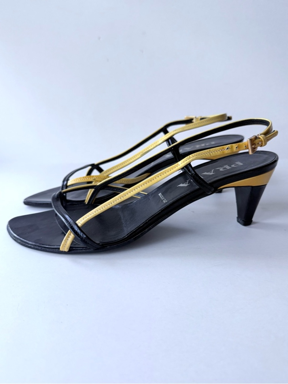 Vintage Prada Black & Yellow Patent Leather Strappy Slingback Sandal Heels 39.5 - Picture 10 of 16